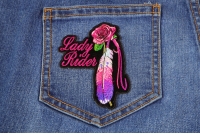 Lady Rider With Purple Rose and Feather Vertical Small Patch Lady Rider With Purple Rose And Feather Vertical Small Patch | Embroidered Biker Patches