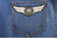 Winged Wheel Small Iron on Biker Patch Winged Wheel Small White Patch | Embroidered Biker Patches