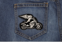 White Biker Angel On Motorcycle Patch White Biker Angel On Motorcycle Patch | Embroidered Biker Patches