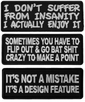 Crazy Sayings Patches Iron-on or Sew-on White Embroidery Black Twill Set of 3