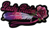 Lady Rider Pink Rose And Feathers Horizontal Small Patch | Embroidered Biker Patches