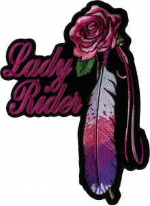 Lady Rider Pink Rose And Feathers Vertical Large Back Patch | Embroidered Biker Patches