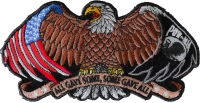 Patriotic eagle, wings spread out wide, American flag tattooed on the left, POW MIA flag on the right  