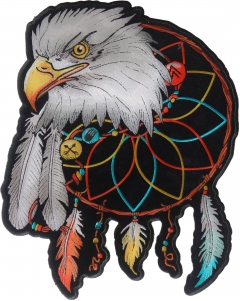 Tribal Dreamcatcher Patch with Eagles and Feathers Large Patch Iron on Eagle Back Patch with Feathers, Dream catcher with vibrant colored feathers hanging underneath it
