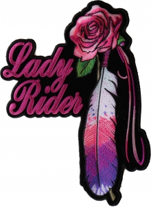 Lady Rider Pink Rose And Feathers Vertical Large Back Patch | Embroidered Biker Patches
