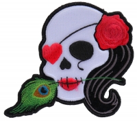 Lady Sugar Skull With Pink Rose And Feather Small Patch