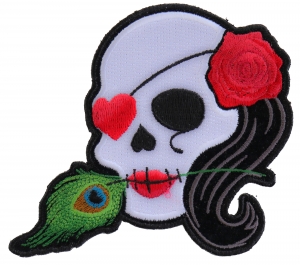 Lady Sugar Skull With Pink Rose And Feather Small Patch Lady Sugar Skull With Pink Rose And Feather Small Patch
