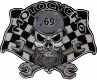 Motocycho- Bearded and helmeted skull sitting on crossed wrenches with a racing flag in the background,  Large Biker Back Patch