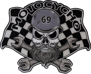 Motocycho skull Large Biker Back Patch Sew on Iron on Motocycho- Bearded and helmeted skull sitting on crossed wrenches with a racing flag in the background, Large Biker Back Patch