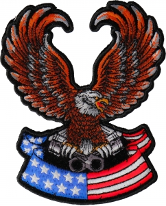 Patriotic Eagle with pistons resting above American flag templated base small iron on biker patch Patriotic Eagle with pistons small iron on biker and flag patch
