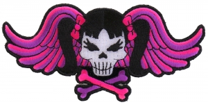 Pigtails Bow Skull And Wings Small Pink Patch | Embroidered Patches