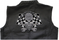 Motocycho- Bearded and helmeted skull sitting on crossed wrenches with a racing flag in the background,  Large Biker Back Patch