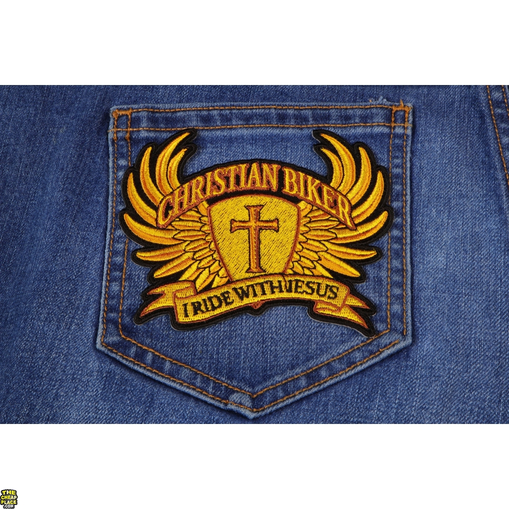 Christian Biker Patch Small In Brown I Ride With Jesus Christian