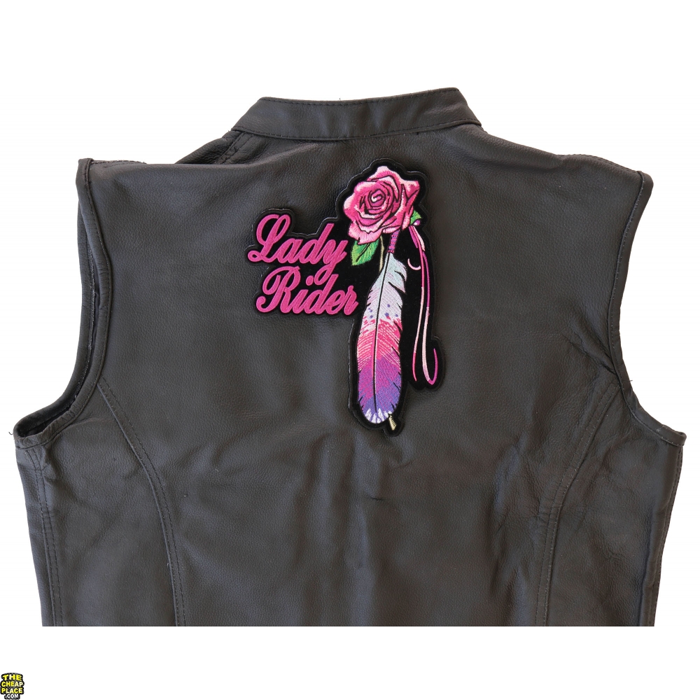 Lady Rider Pink Rose and Feathers Large Back Patch | Biker Patches ...
