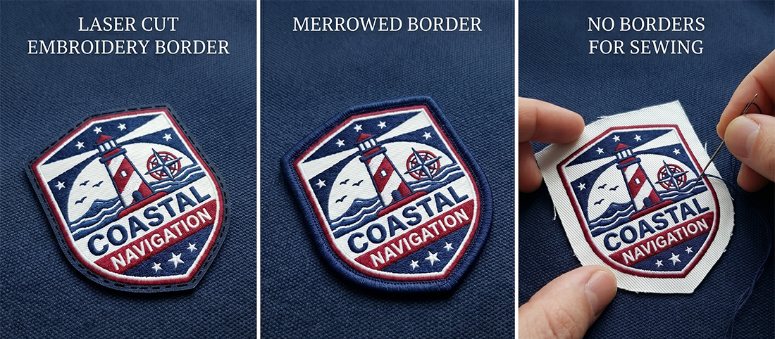 Comparison of Merrowed, Laser Cut, and No Border patch edges