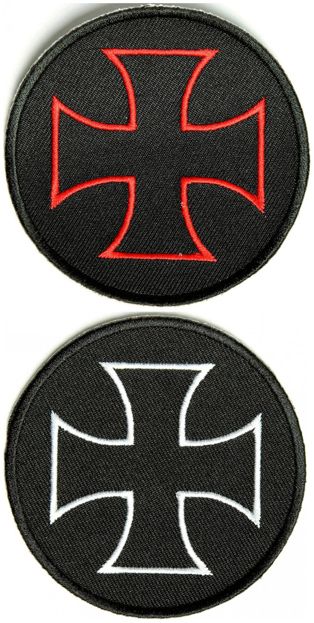 Maltese Cross Patches In White or Red Embroidered On Black Round Patch