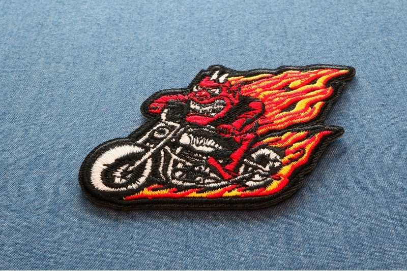 Devil Biker Riding Motorcycle With Flames Patch Devil Biker Riding Motorcycle With Flames Patch