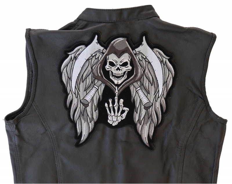Reaper Wings Scythe Middle Finger Embroidered Iron-On Patch Reaper Wings Scythe Middle Finger Embroidered Iron-On Patch