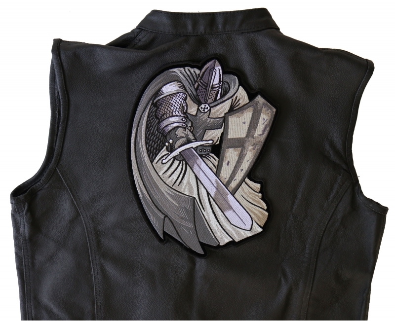 Silver Cape Templar Knight Large Embroidered Iron-On Patch Silver Cape Templar Knight Large Embroidered Iron-On Patch