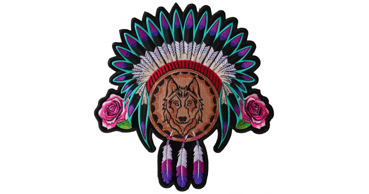 Feathers Embroidered Patch Wolf Roses Lady Native American Indian Headdress 