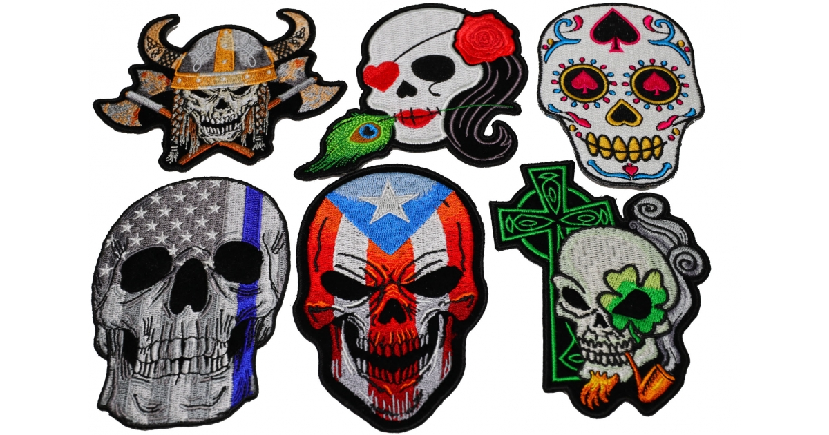 Set of 6 Colorful Embroidered Iron on Skull Patches by Ivamis Patches