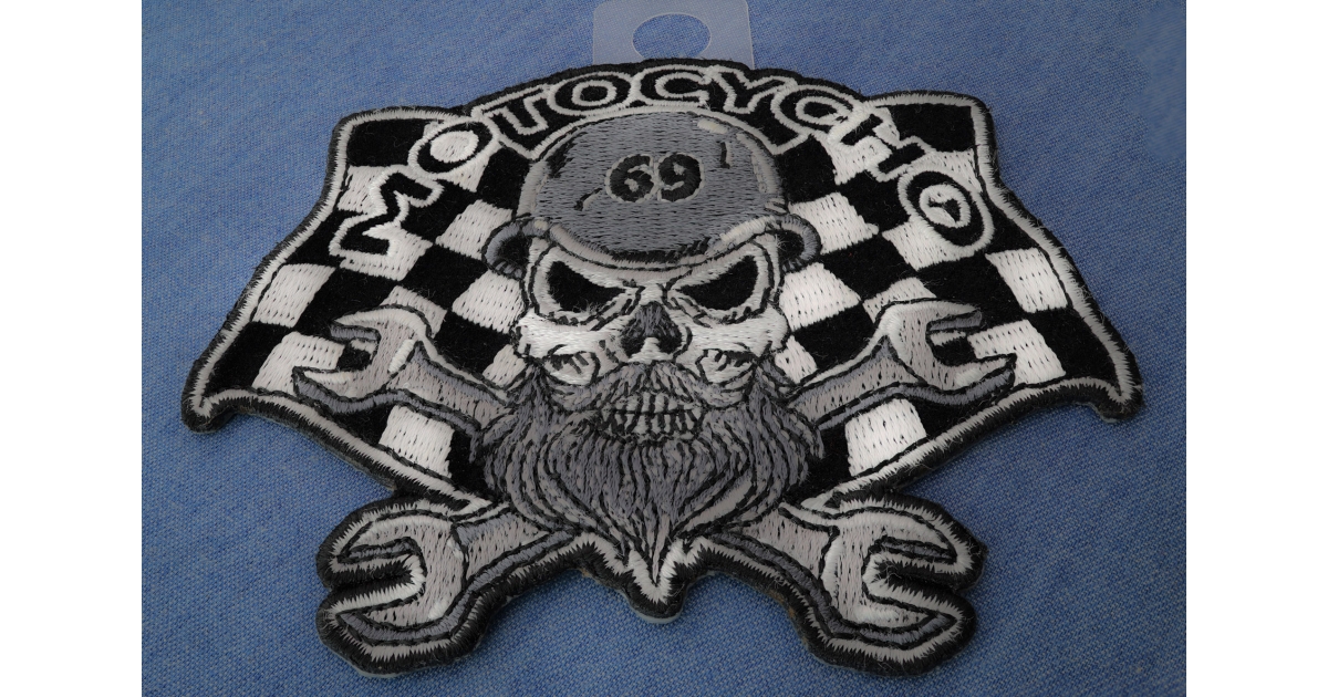 Motocycho 69 Skull, Checkered Flags and Wrenches Patch, Biker
