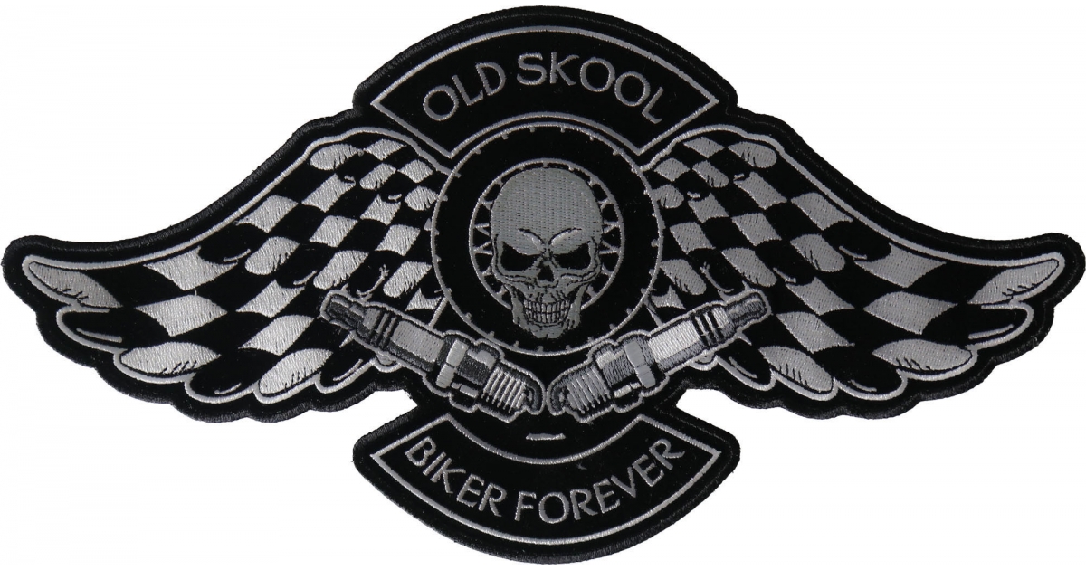 Old Skool Biker Forever Skull Checkered Flags and Spark