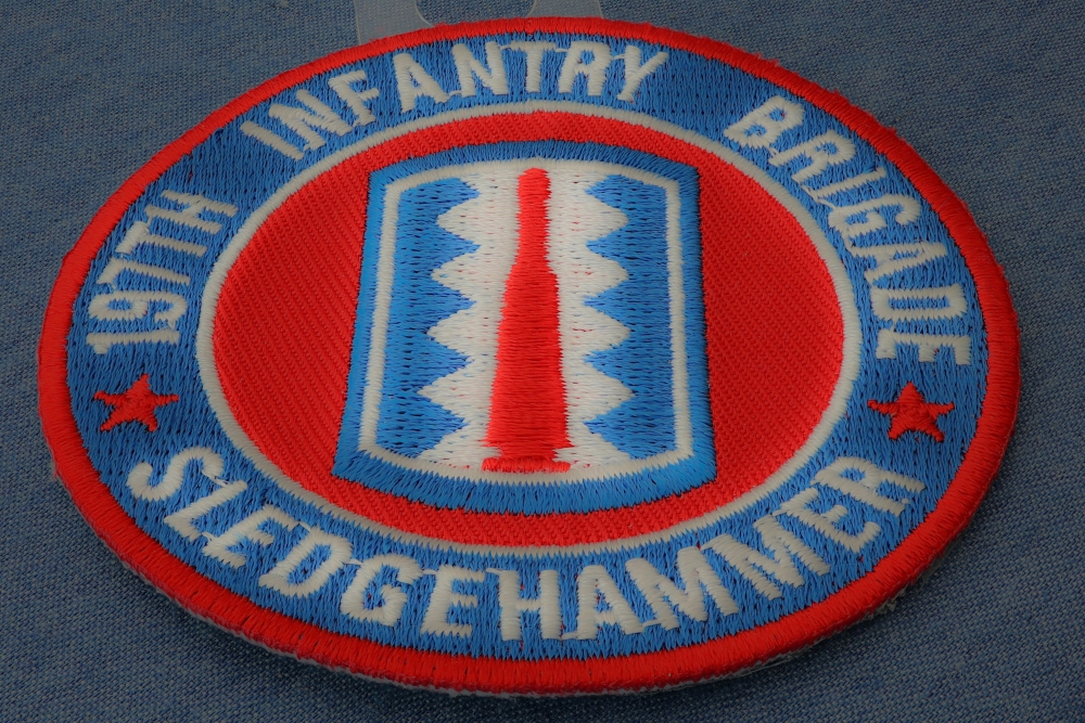 197th Infantry Brigade Iron on Patch Sledgehammer diagonal view