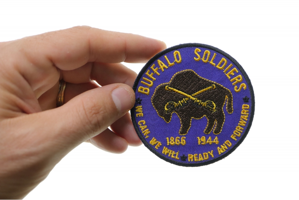 Buffalo Soldiers Patch We Can We Will Read and Forward shown on hand for size comparison