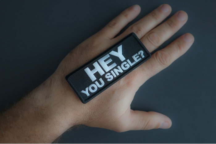 Hey You Single Patch shown on hand for size comparison