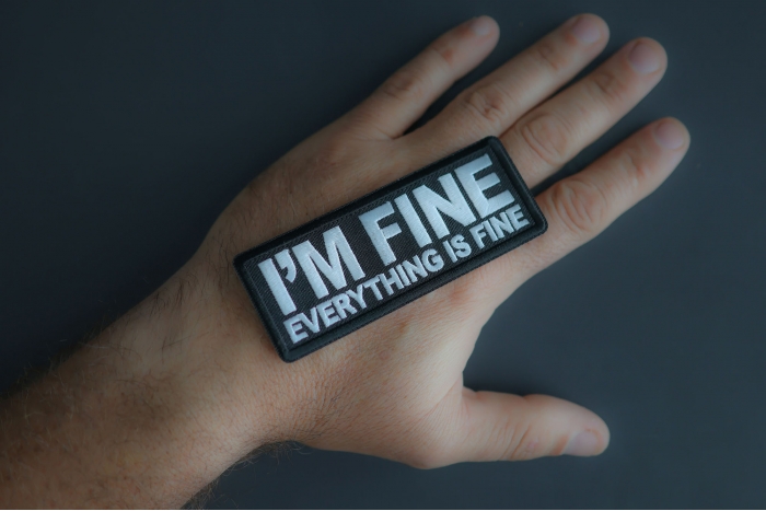 I'm Fine Everything Is Fine Patch shown on hand for size comparison