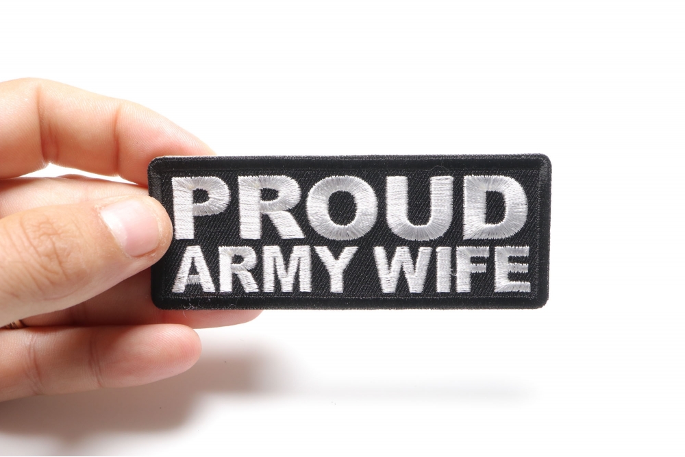 Proud Army Wife Patch shown on hand for size comparison