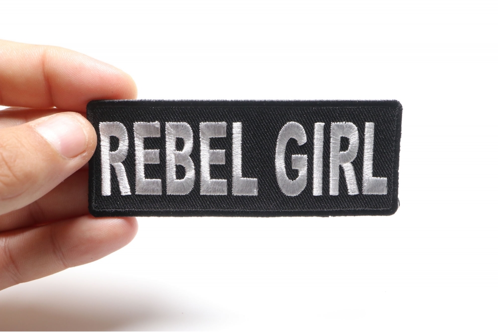 Rebel Girl Patch, Funny Patches for Ladies shown on hand for size comparison