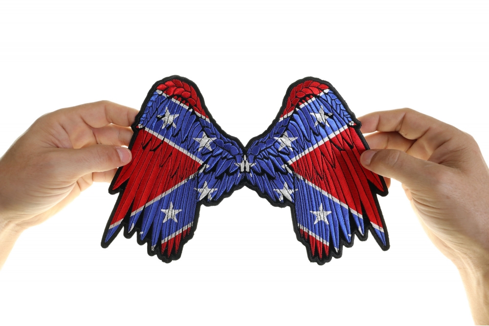 Rebel Flag Angel Wings Patch, Large Ladies Back Patches for Jackets shown on hand for size comparison