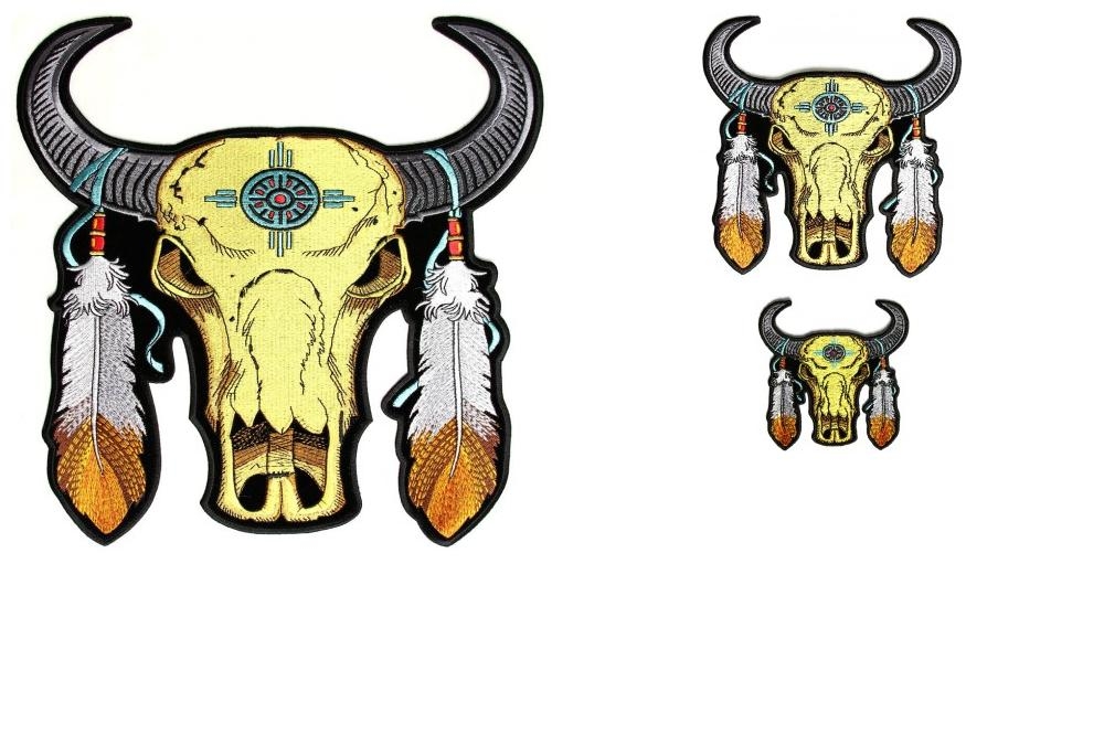 Buffalo Skull and Feathers Patches In 3 Different Sizes