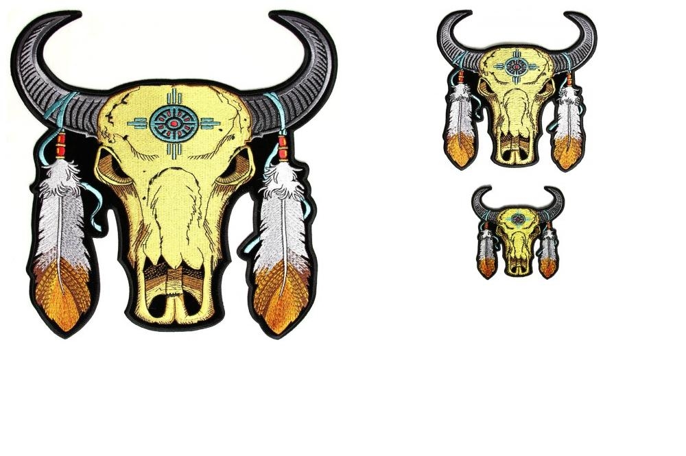 Buffalo Skull and Feathers Patches In 3 Different Sizes Buffalo Skull and Feathers Patches In 3 Different Sizes