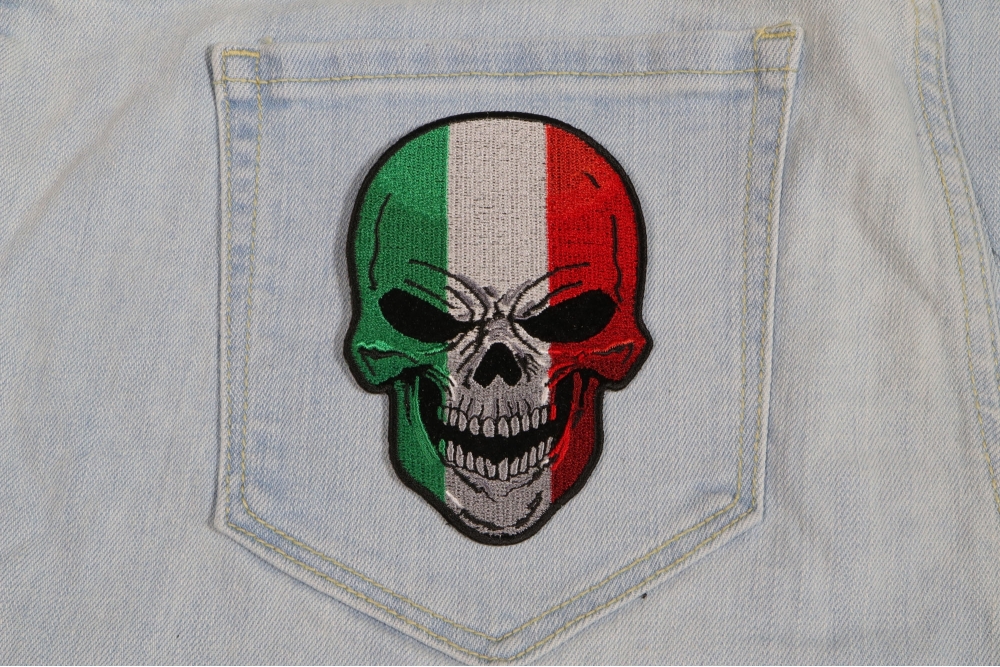 Italian Flag Skull Small Patch shown on jeans