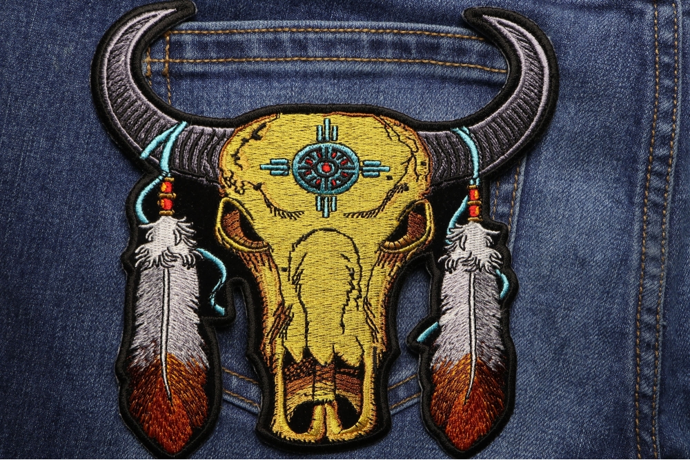Medium Buffalo Feather Patch shown on jeans