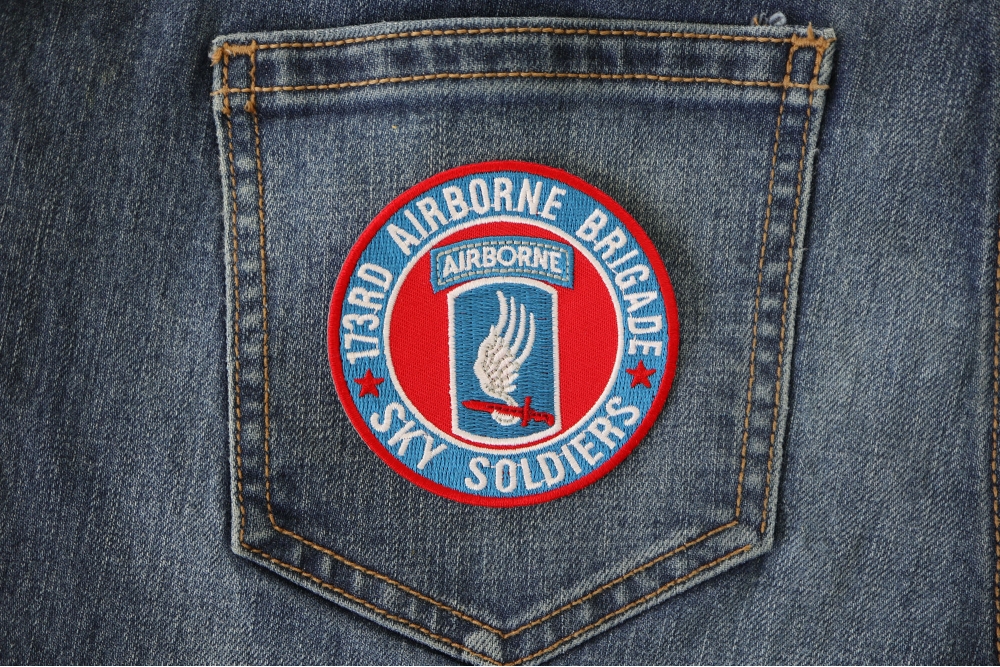 173rd Airborne Brigade Patch Sky Soldiers shown on jeans