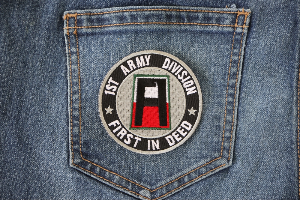 1st Army Division Iron on Patch First In Deed shown on jeans