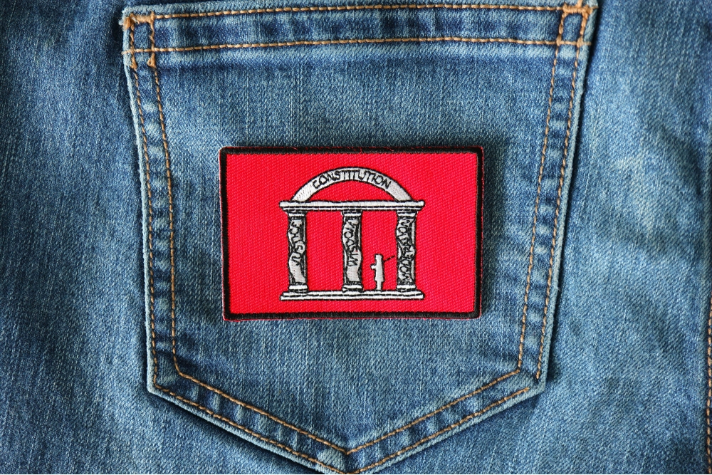 Historical Georgia Flag Iron on Patch shown on jeans