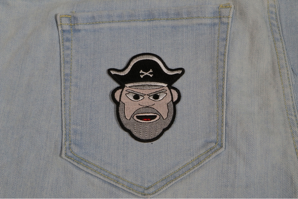 Old Man Bearded Pirate Iron on Patch shown on jeans