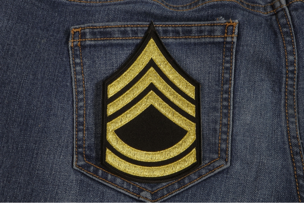 Sergeant First Class Iron on Patch shown on jeans