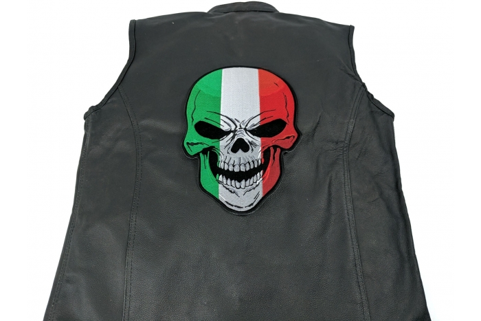 Skull Patch Large with Italian Flag - Iron on Patch - 7.6x11 inch shown on leather vest