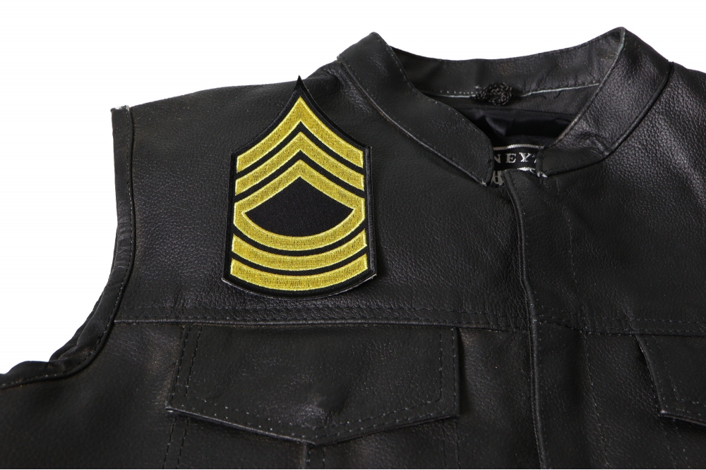 Master Sergeant Patch - Iron on Patch - 3x5.6 inch shown on leather vest