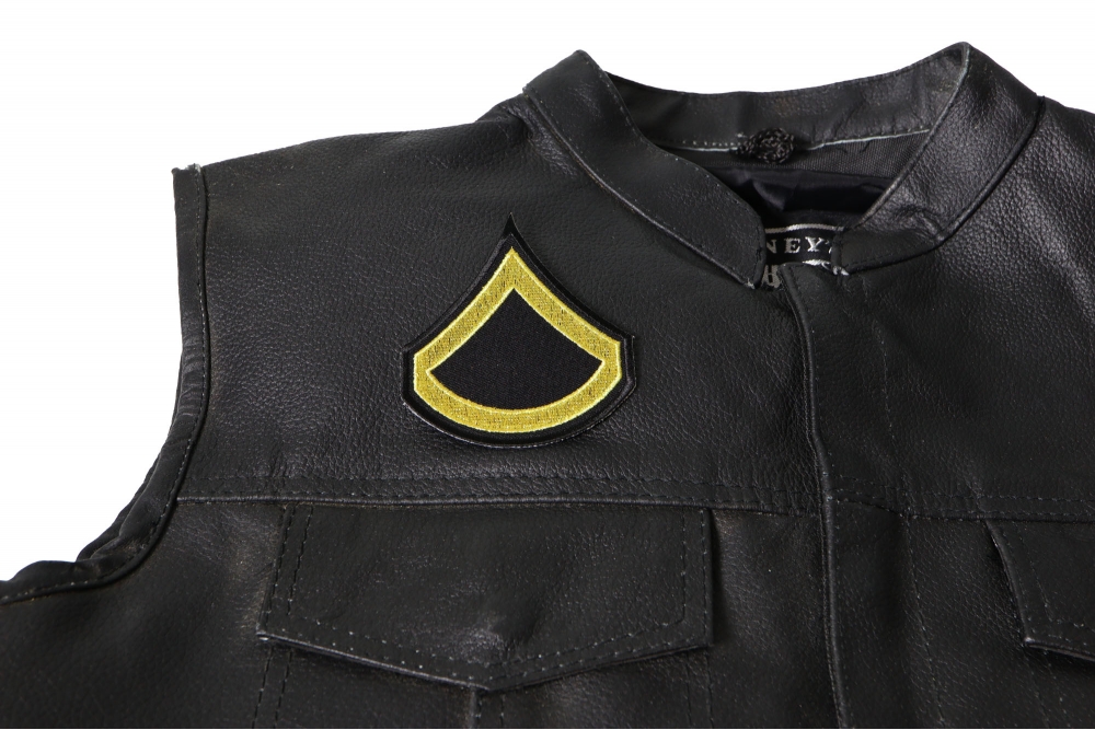 Private First Class Patch - Iron on Patch - 3x3.5 inch shown on leather vest