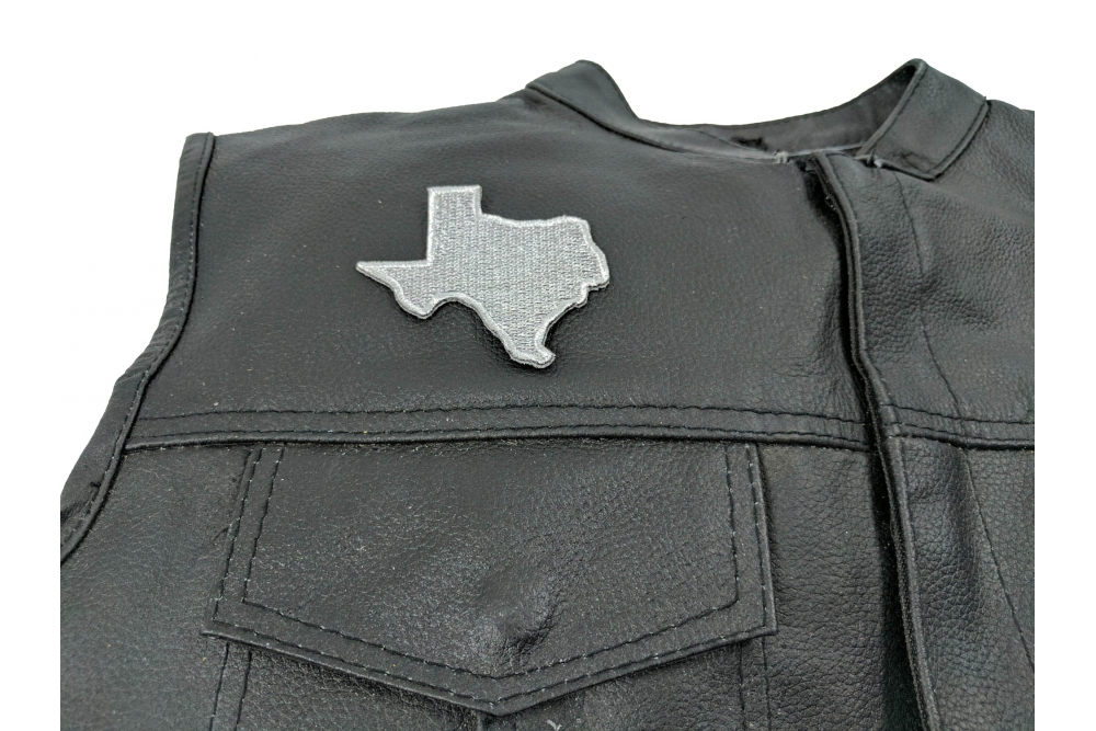 Silver Embroidered Texas Map Iron on Patch - Iron on Patch - 3x3 inch shown on leather vest
