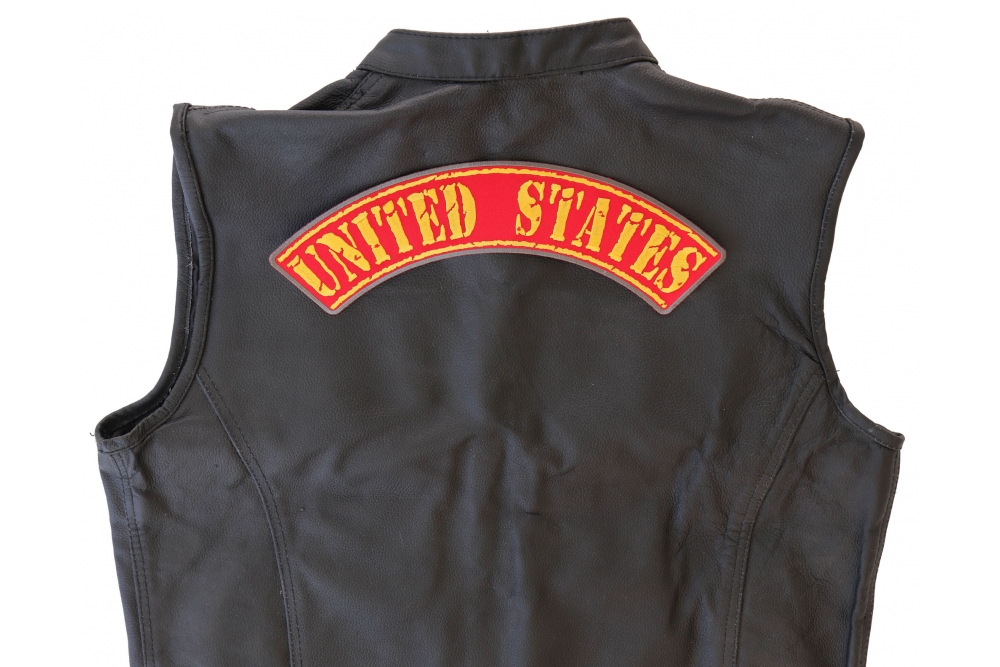 United States Large Top Rocker Patch - Iron on Patch - 12x2.5 inch shown on leather vest