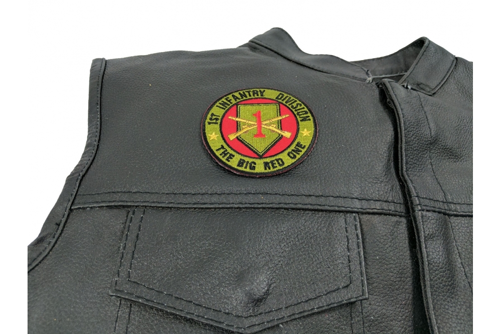 1st Infantry Division Patch The Big Red One - by Ivamis Trading - 3x3 inch - Embroidered Iron on Patch shown on leather vest