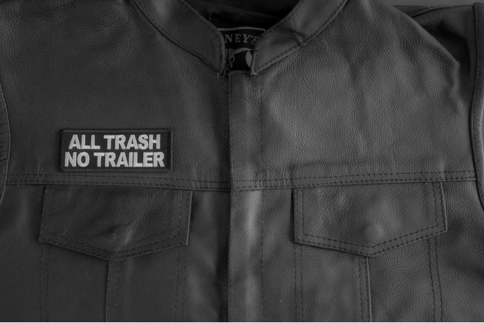 All Trash No Trailer Patch shown on leather vest